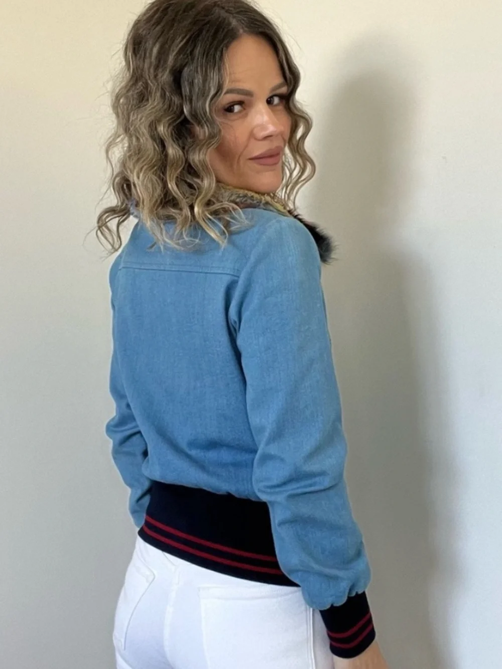 Harvey Faircloth designer denim bomber Jean jacket faux fur collar size XS - Picture 9 of 16